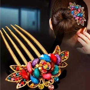 Multicolor Rhinestone Flower Decor Hair Comb Vintage Five-Tooth Hairpin